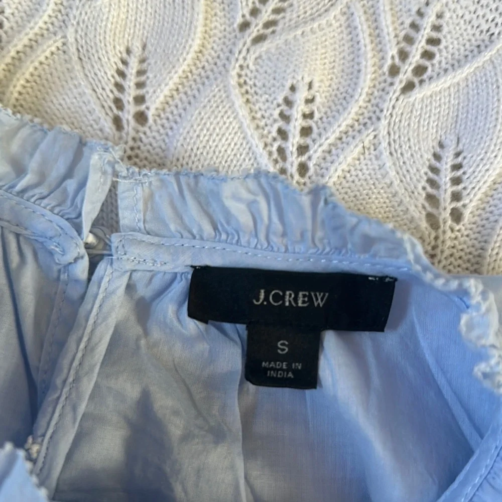 J. Crew Blue and White Puff Sleeve Blouse with Peter Pan Collar